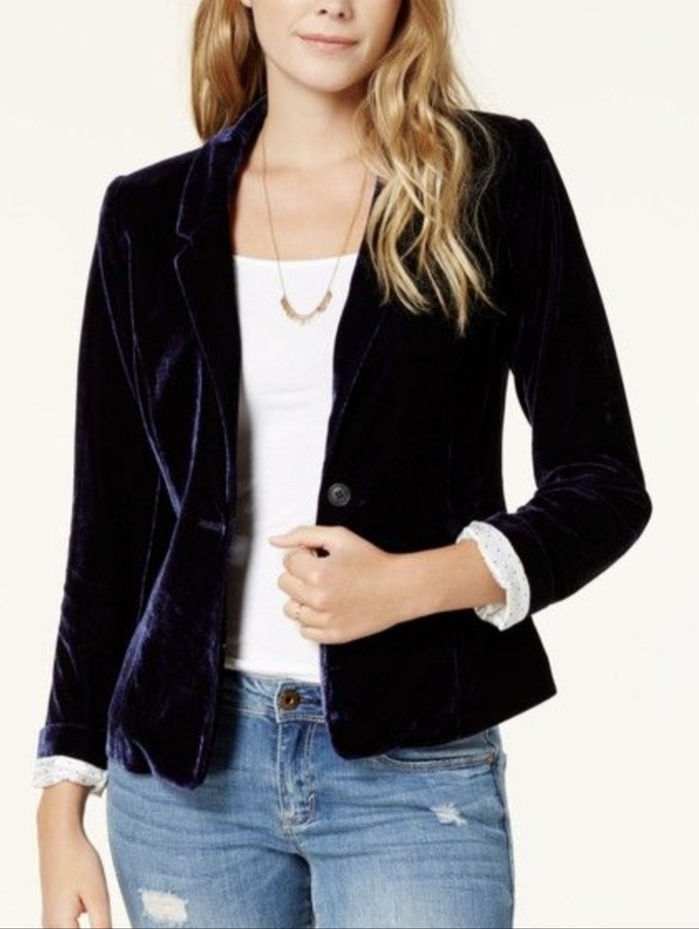 Kensie Velvet Single-Button Blazer - Deep Navy Whimsigoth Western Careerwear Med